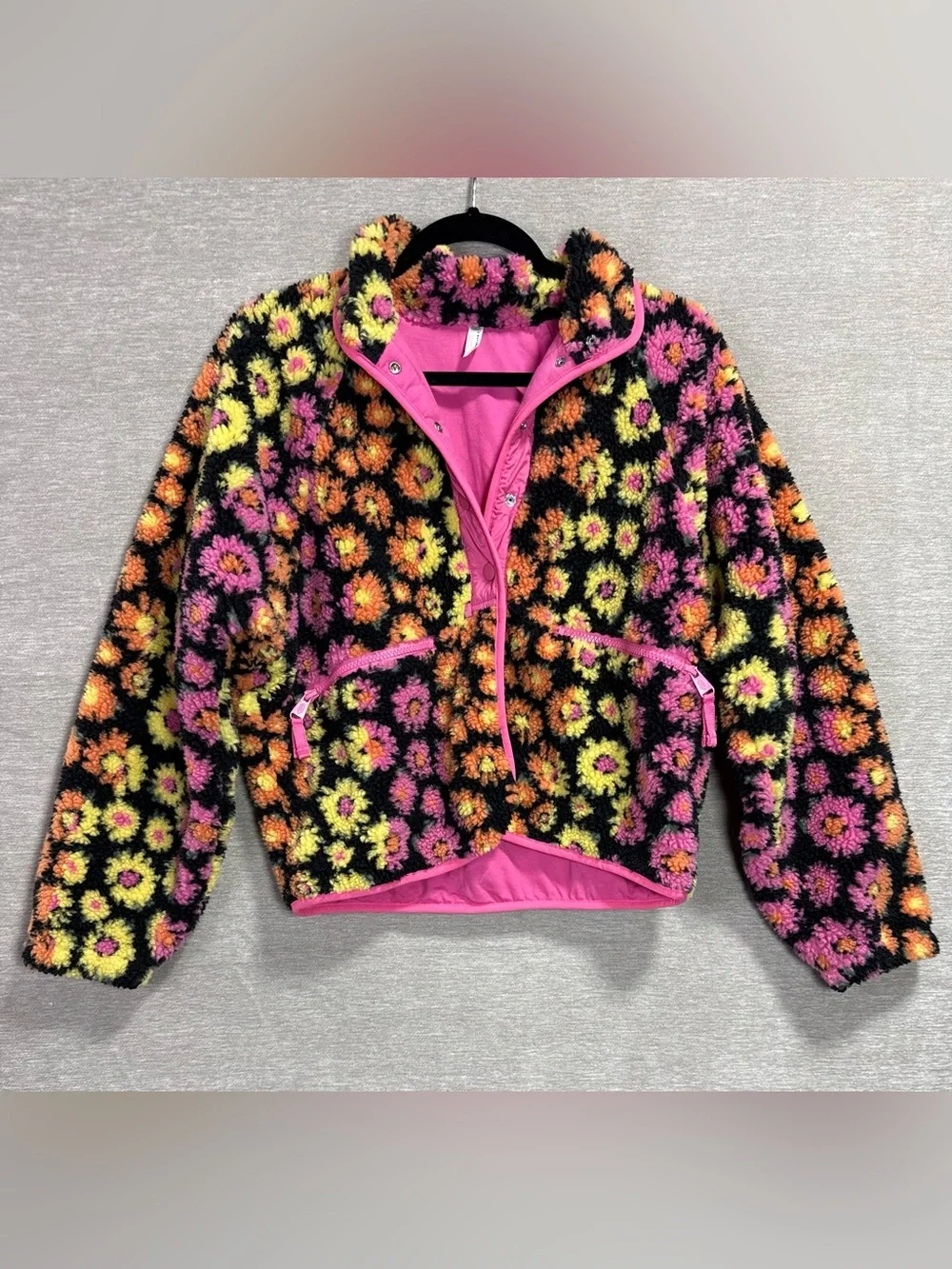 Free People FP Movement Rocky Ridge Fleece Jacket Floral Black Pink XS